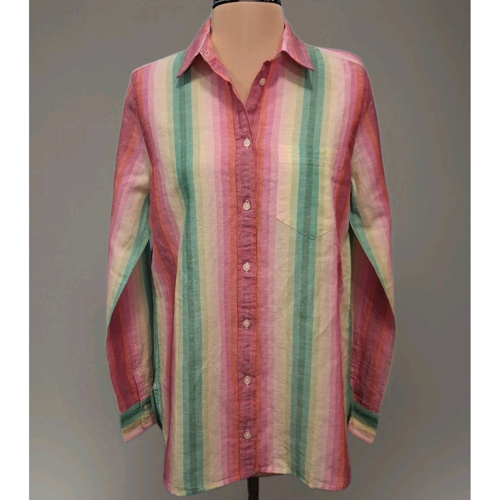 J Crew Womens Sz 6 Rainbow‎ Striped Linen Cotton Button Up Shirt Long Sleeve Top